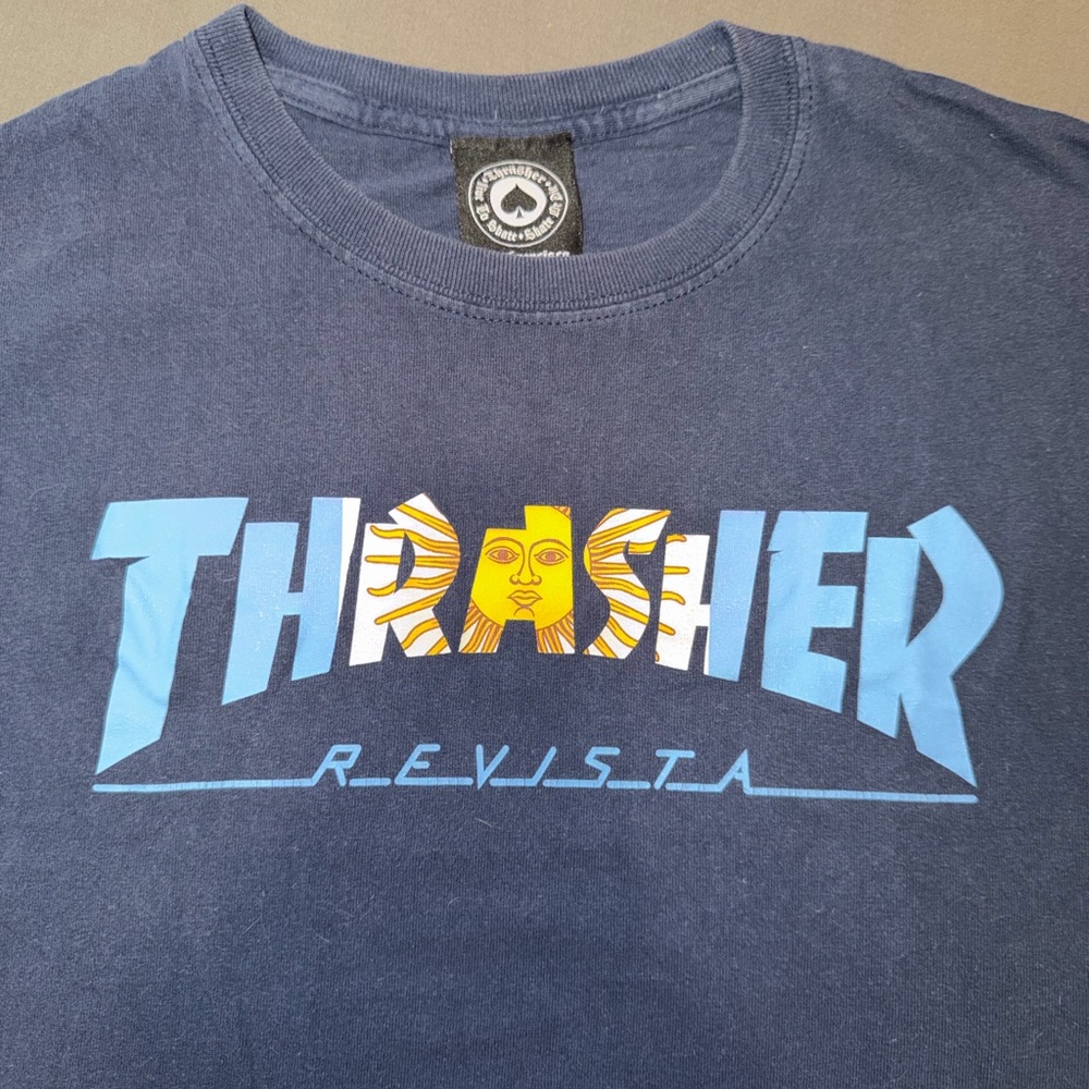 Thrasher Navy Tee with Light Blue Logo and Yellow Sun